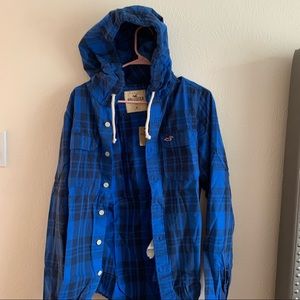 NWT Hollister Flannel Button Down Blue Hoodie Mens